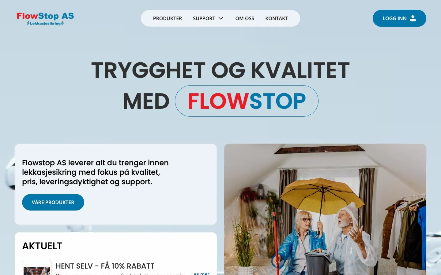 Nettbutikken til Flowstop: forsiden «Trygghet og kvalitet med Flowstop», hvordan de kan hjelpe, produktkategoriene og fordelene