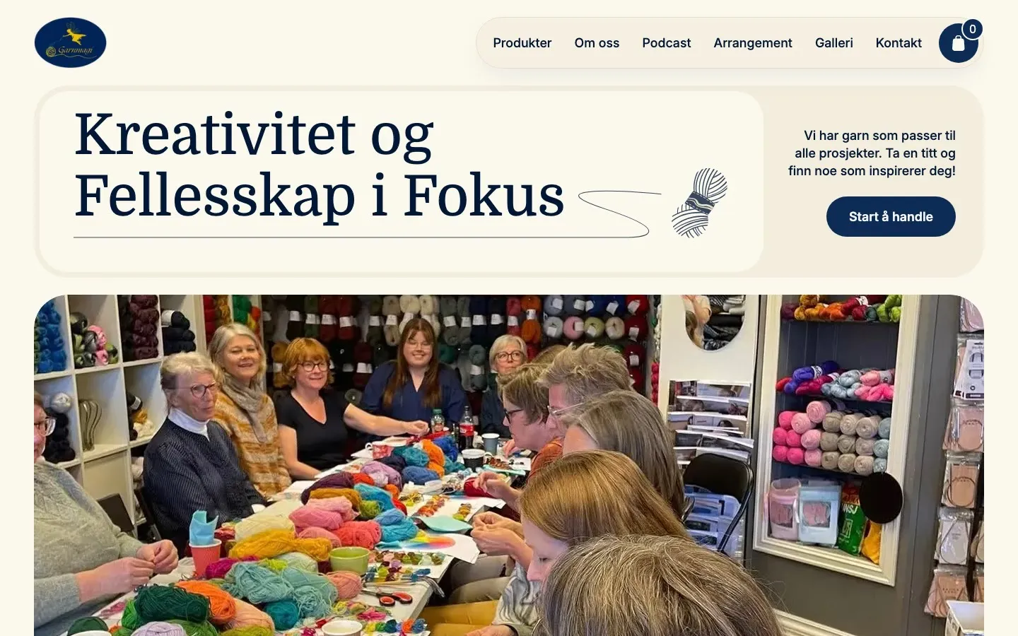 Nettbutikken til Garnmagi: forsiden «Kreativitet og fellesskap i fokus», garnmerkene, de mest solgte garnene og podcasten