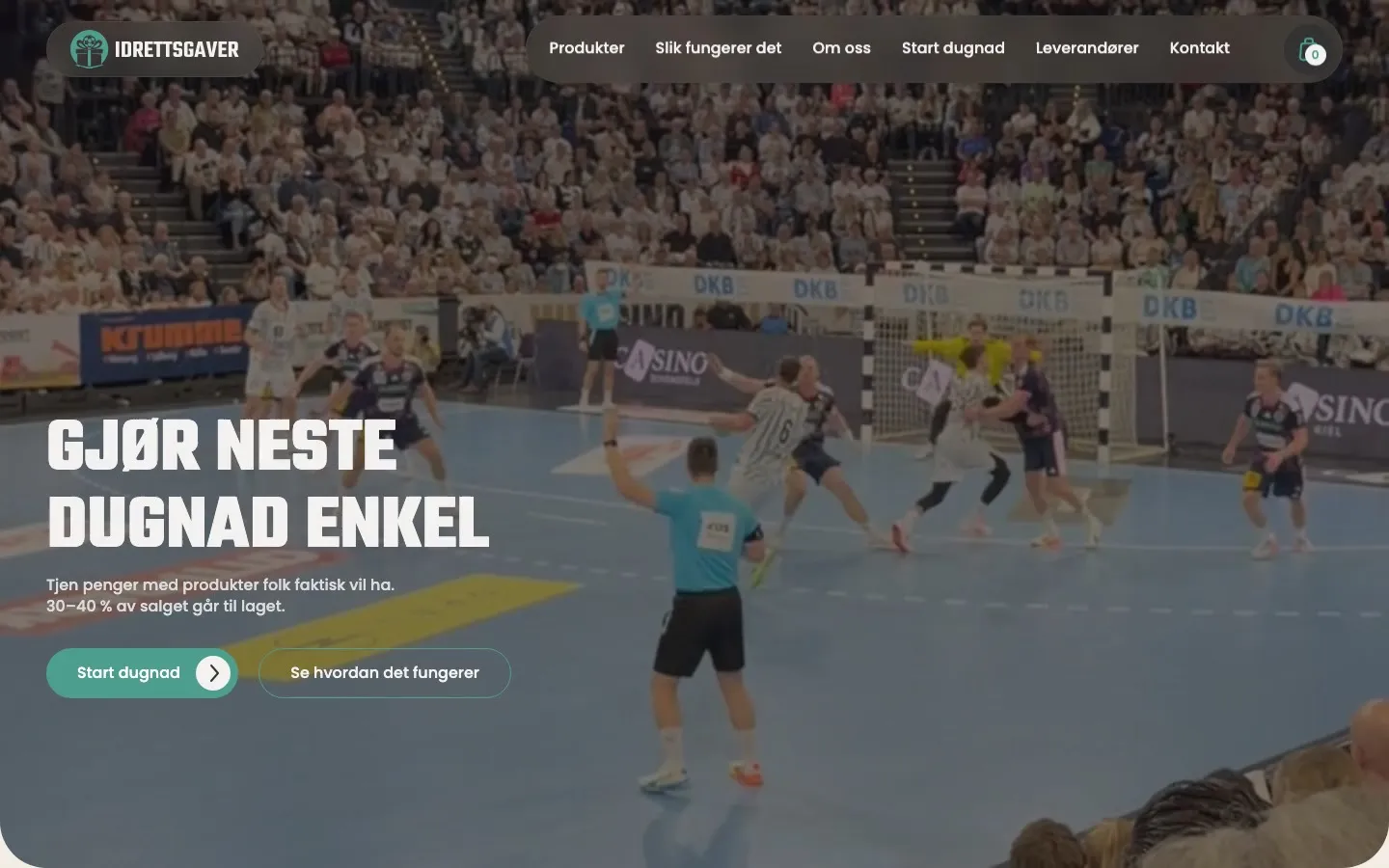 Nettbutikken til Idrettsgaver: forsiden «Gjør neste dugnad enkel», produktene og hvordan dugnaden fungerer
